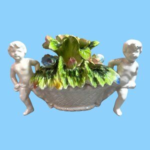 Kalk Jardiniere Planter Vase Roses & Flanked By Twin Cherubs Vintage Angels
